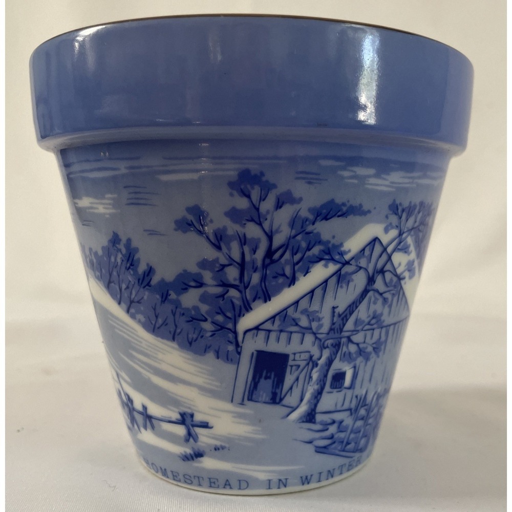 Vtg Currier andIves The Old Homestead in Winter Blue White Flower Pot Country - Picture 5 of 8